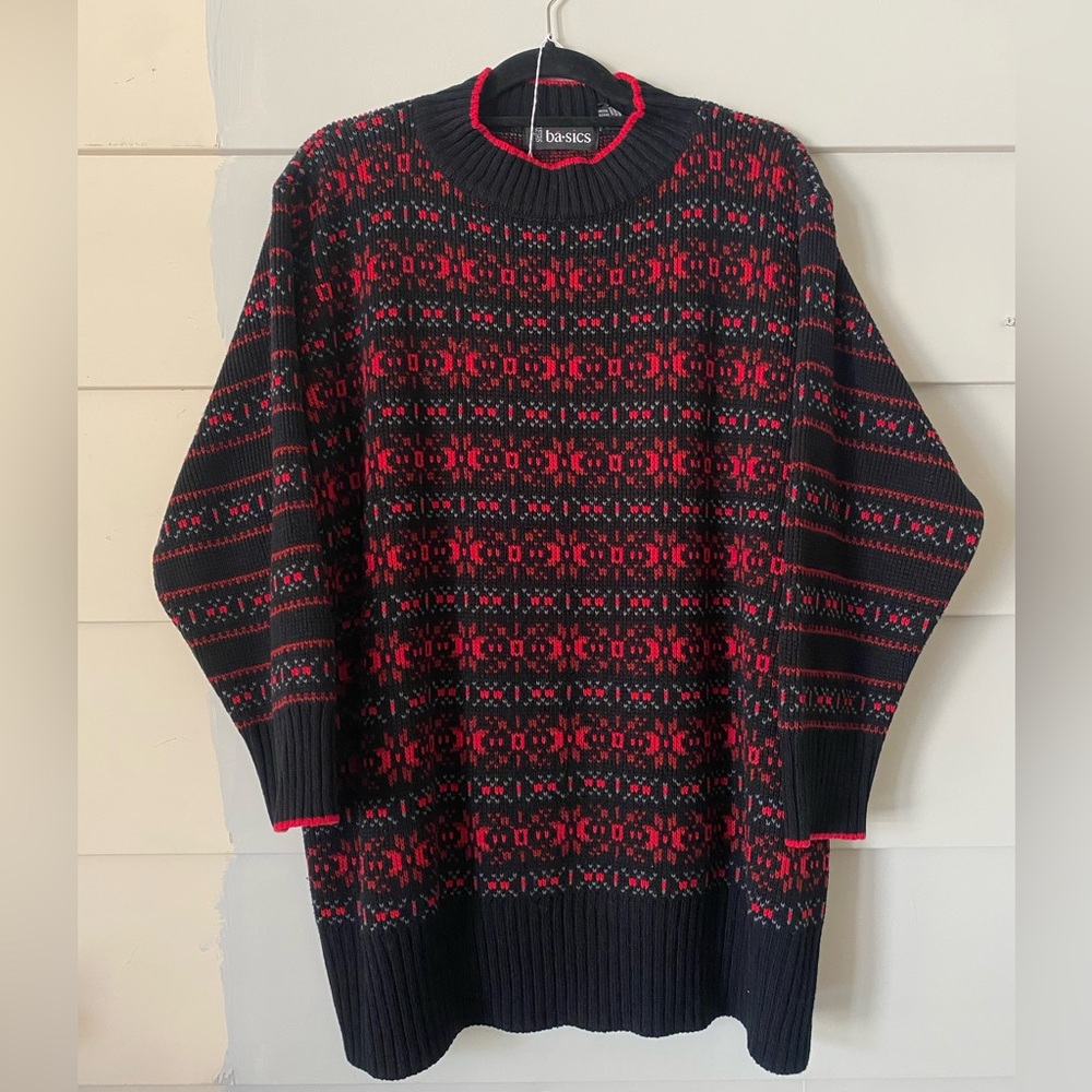 Vtg Red Black Fair Isle Nordic Classic Holiday Tunic Knit Mockneck Sweater 3X/4X